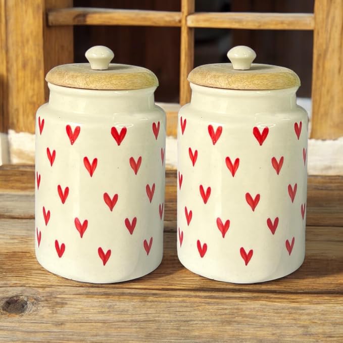 ClayStone Airtight Ceramic Jars (Pack of 2) - 900ml Each - Wooden Lid - Kitchen Containers for Sugar, Tea, Salt, Pickles, Pulses & More (Red Heart) - Image 1