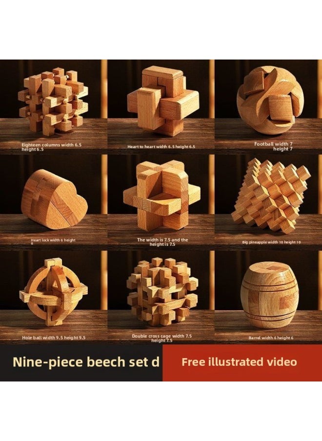 Generic - Luban Lock Toy Boys Children Unleash Kongming Lock Primary School Students Assembled Building Blocks Unlocked Cheap Educational Beech-Color:High-end Beech 9-piece Set D (recommended For High School Students) - Image 1