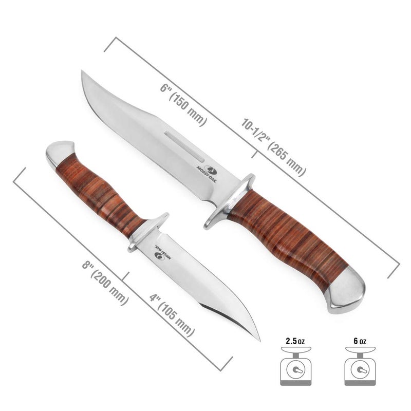 Mossy Oak سكين بووي من موسي أوك 2 قطعة، سكين صيد بشفرة ثابتة مع مقبض جلدي، تشمل غمد - Image 3