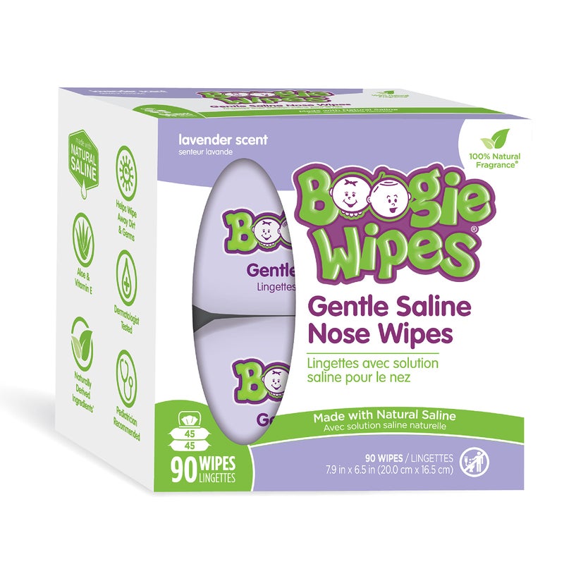 Boogie Saline Nose Wipes by Boogie, for Baby & Kids, Face, Hand & Body, FSA/HSA Eligible, Made with Vitamin E, Aloe, and Natural Saline, Lavender Scent, 90 Count (Pack of 1) - Image 1