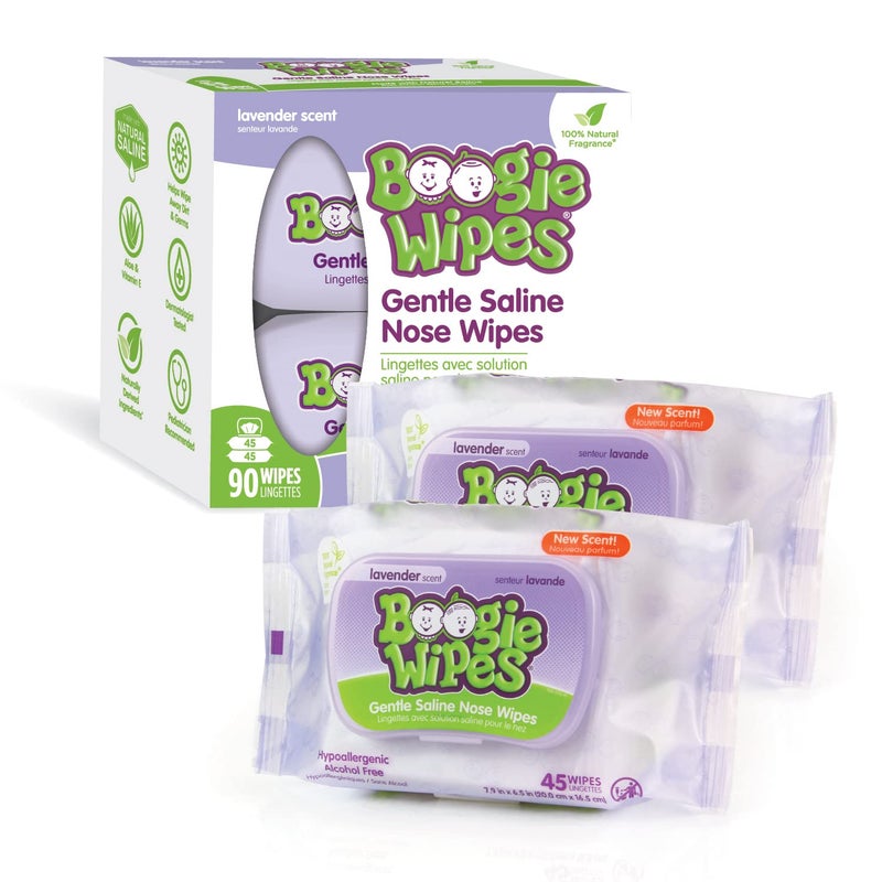 Boogie Saline Nose Wipes by Boogie, for Baby & Kids, Face, Hand & Body, FSA/HSA Eligible, Made with Vitamin E, Aloe, and Natural Saline, Lavender Scent, 90 Count (Pack of 1) - Image 2