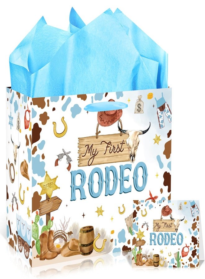 EoBeCy My First Rodeo Birthday Gift Bags, Western Cowboy 1st Birthday Gift Bag with Tissue Paper and Greeting Card, Baby Boy Wrapping Paper for 1 Year Old Birthday Party Supplies - Image 1