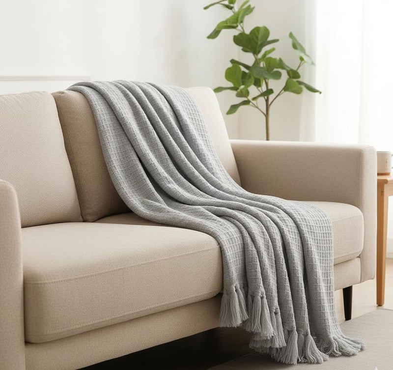 Subtlespreads Waffle Weave 100% Cotton Sofa Throw Blanket | 50x60 Inches | Soft, Breathable, Lightweight Couch Throw for Bed, Travel, Boho Home Decor 15+ Colors (Light Grey) - Image 5