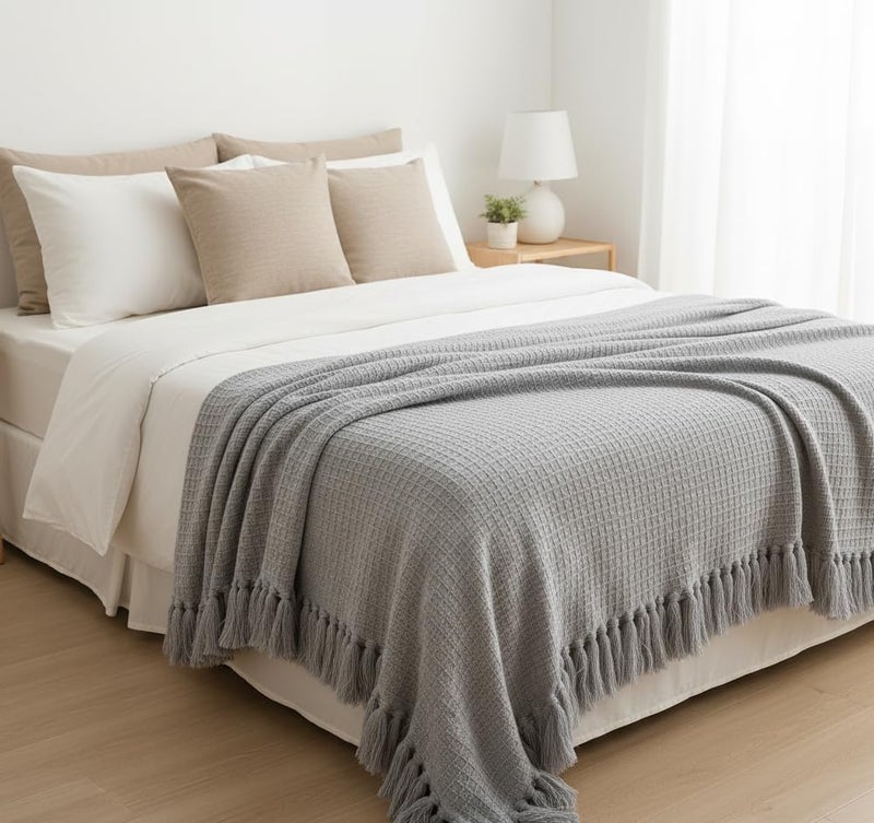 Subtlespreads Waffle Weave 100% Cotton Sofa Throw Blanket | 50x60 Inches | Soft, Breathable, Lightweight Couch Throw for Bed, Travel, Boho Home Decor 15+ Colors (Light Grey) - Image 3