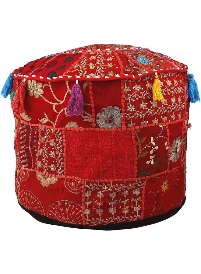 Aakriti Gallery Indian Pouf Footstool Ethnic Embroidered Pouf Cover, Indian Cotton Round Pouffe Ottoman Pouf Cover Pillow Ethnic Decor Art - Cover Only (Red, 18X13) - Image 1