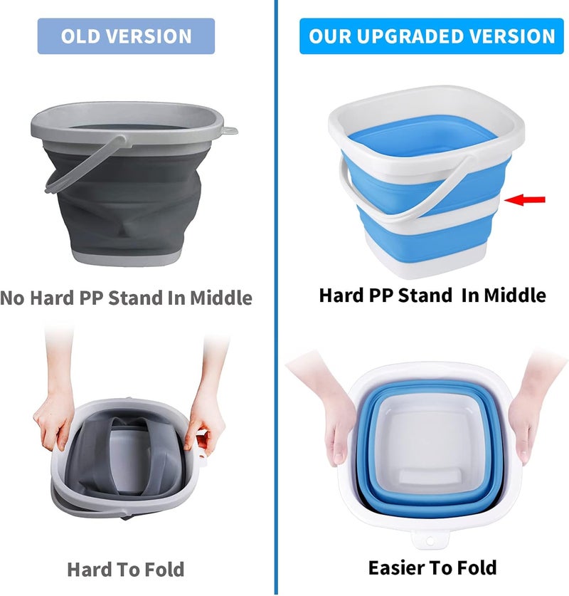 Craftend عبوة من 2 دلو قابل للطي سعة 5 لتر (1.3 جالون) دلو تنظيف صغير للاستخدام المنزلي دلو بلاستيكي محمول للاستخدام الخارجي حوض غسيل سيارات قابل للطي للتخييم والشاطئ والرمل والماء وعاء دلو موفر للمساحة مربع رمادي وأزرق - Image 3