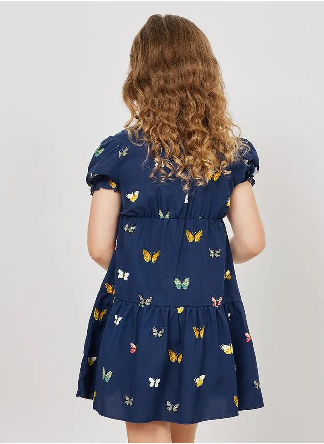 Styli Butterfly Print Lace Insert Ruffled Dress