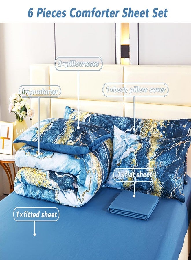 PERFEMET 6 Piece Queen Bed in A Bag Set Blue and Gold Comforter Sets Watercolor Marble Bedding Comforter with Sheets Soft Abstract Retro Capri Blue Bedding Set for All Seasons(Capri Blue, Queen) - Image 3