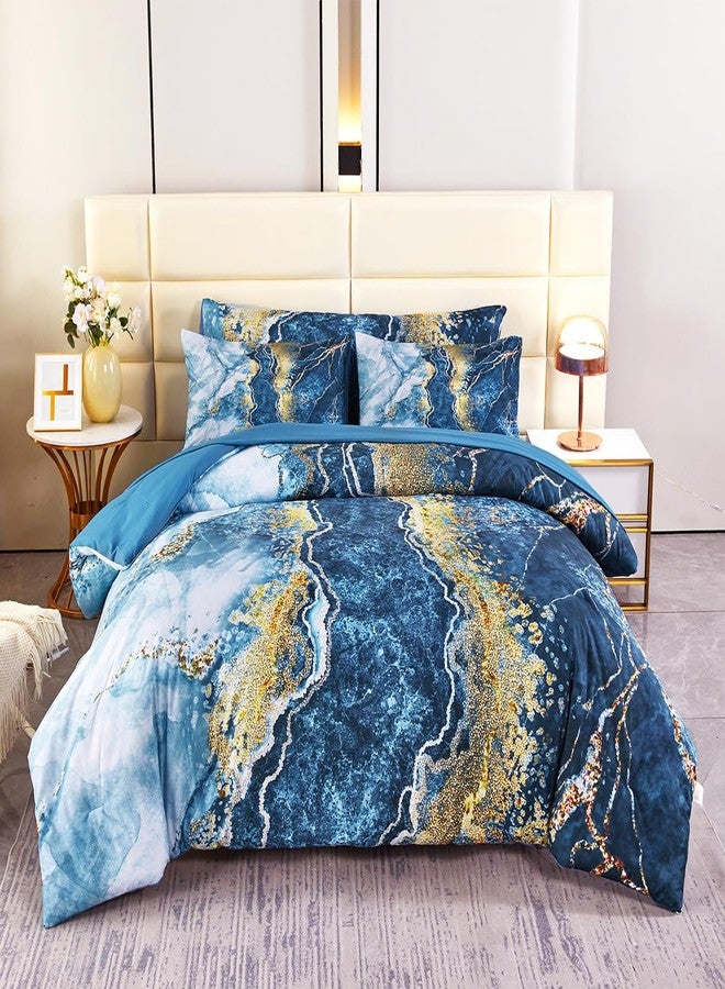 PERFEMET 6 Piece Queen Bed in A Bag Set Blue and Gold Comforter Sets Watercolor Marble Bedding Comforter with Sheets Soft Abstract Retro Capri Blue Bedding Set for All Seasons(Capri Blue, Queen) - Image 2