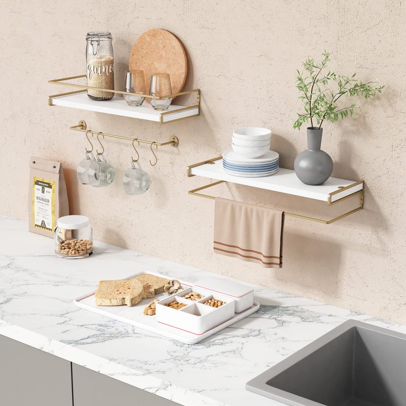 Forbena Floating Bathroom Shelves Wall Mounted, Aesthetic White and Gold Shelves for Bathroom Accessories, Modern Bathroom Organizer with Tower Bar for Wall Decor Storage Small Spaces, Set of 2 - Image 2