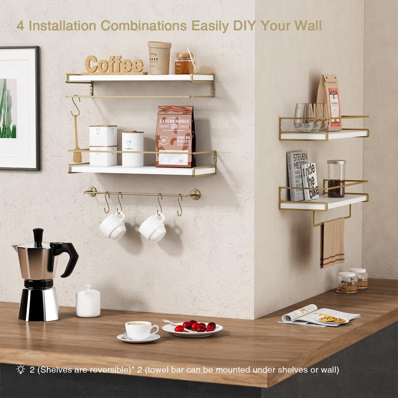 Forbena Floating Bathroom Shelves Wall Mounted, Aesthetic White and Gold Shelves for Bathroom Accessories, Modern Bathroom Organizer with Tower Bar for Wall Decor Storage Small Spaces, Set of 2 - Image 5