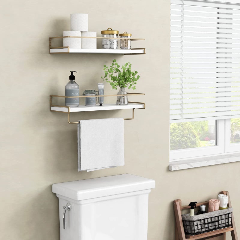 Forbena Floating Bathroom Shelves Wall Mounted, Aesthetic White and Gold Shelves for Bathroom Accessories, Modern Bathroom Organizer with Tower Bar for Wall Decor Storage Small Spaces, Set of 2 - Image 3