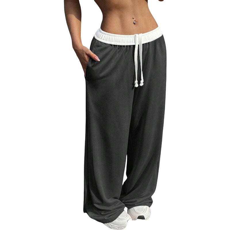 Cross-border color contrast drawstring womens wide-leg casual loose sports pants comfortable European and American personality street spring new women Dark gray 