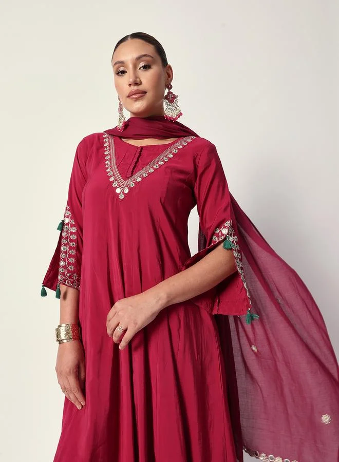 ISHIN Women's Pink Silk Textured Tunic Full Palazzo Regular Fit Kurta Set