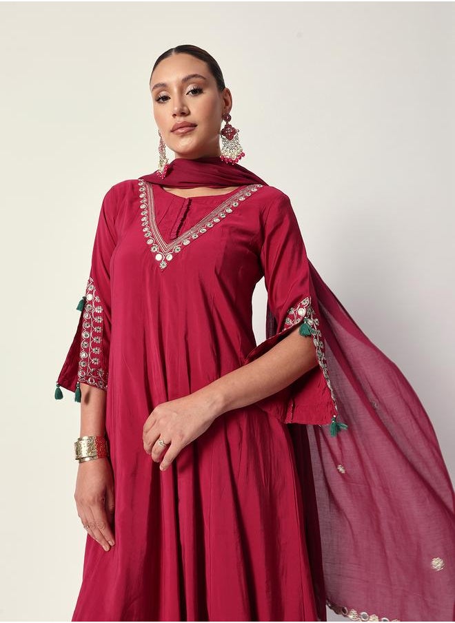 ISHIN Women's Pink Silk Textured Tunic Full Palazzo Regular Fit Kurta Set  - Image 3
