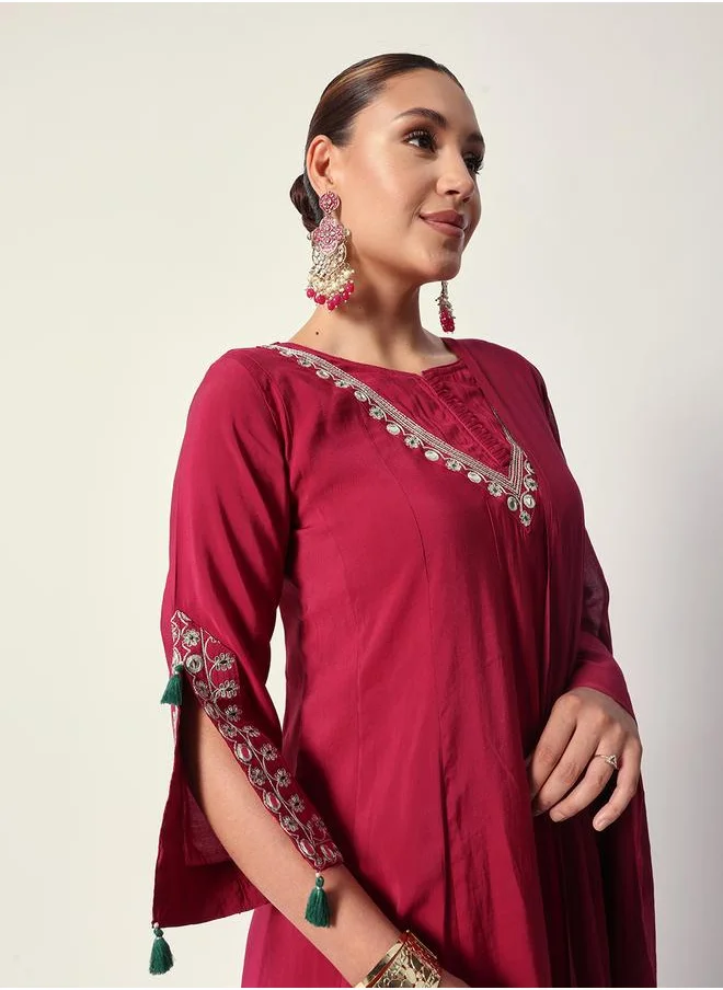 آي شين Women's Pink Silk Textured Tunic Full Palazzo Regular Fit Kurta Set