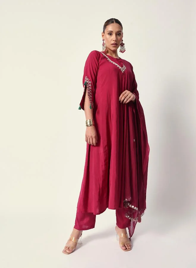 ISHIN Women's Pink Silk Textured Tunic Full Palazzo Regular Fit Kurta Set