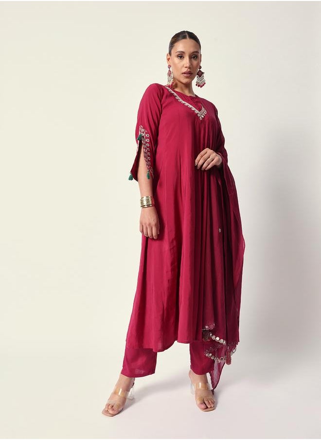 ISHIN Women's Pink Silk Textured Tunic Full Palazzo Regular Fit Kurta Set  - Image 5