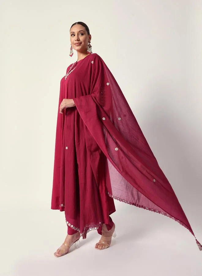 ISHIN Women's Pink Silk Textured Tunic Full Palazzo Regular Fit Kurta Set