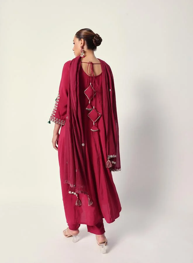 ISHIN Women's Pink Silk Textured Tunic Full Palazzo Regular Fit Kurta Set