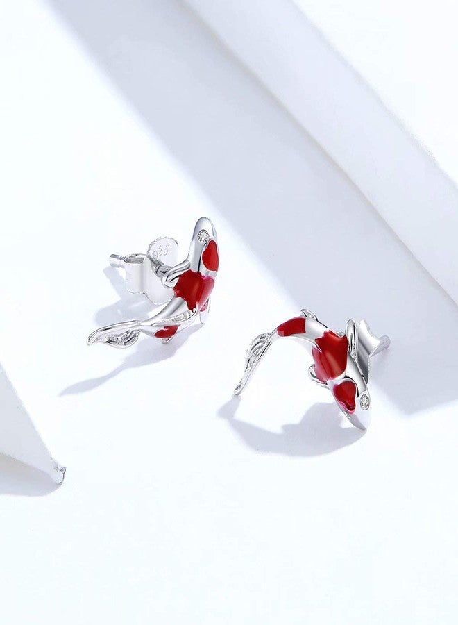 Qings Koi Fish Red Carp Stud Earrings for Women Exquisite 925 Sterling Silver Platinum Plated Inlaid with Shining Zircon - Image 2