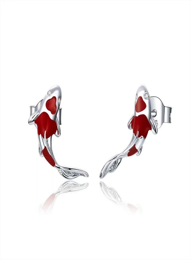 Qings Koi Fish Red Carp Stud Earrings for Women Exquisite 925 Sterling Silver Platinum Plated Inlaid with Shining Zircon - Image 1