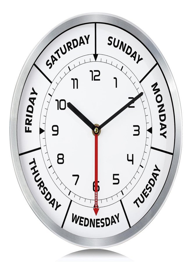 Lafocuse Silent Day of The Week Clocks for Mother, Retirement Clock for Seniors with Silver Metal Frame, Day Clock for Living Room Decor 12 Inch - Image 1