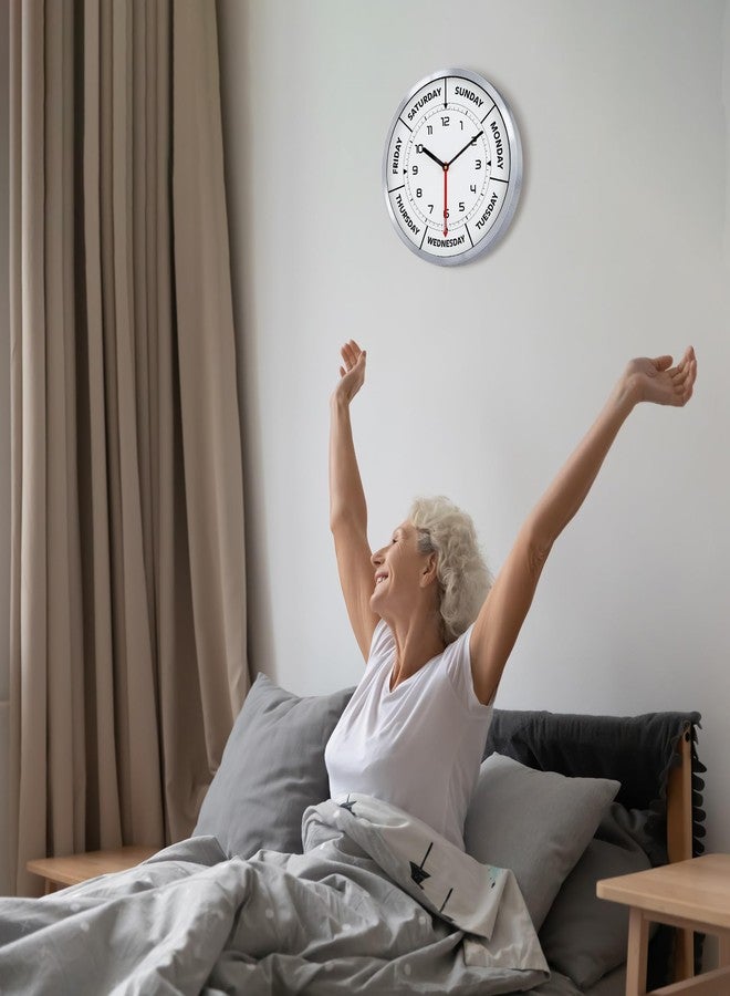 Lafocuse Silent Day of The Week Clocks for Mother, Retirement Clock for Seniors with Silver Metal Frame, Day Clock for Living Room Decor 12 Inch - Image 5