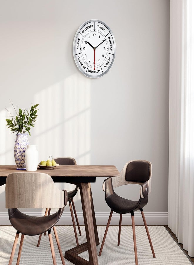 Lafocuse Silent Day of The Week Clocks for Mother, Retirement Clock for Seniors with Silver Metal Frame, Day Clock for Living Room Decor 12 Inch - Image 3