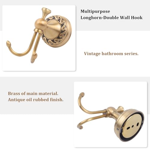 Lumclaw Antique Brass Towel Hook, Wall Mounted Bathroom Copper Double Hook for Clothing Robe Hanger, Screws Install Shower Wall Hook - Image 3