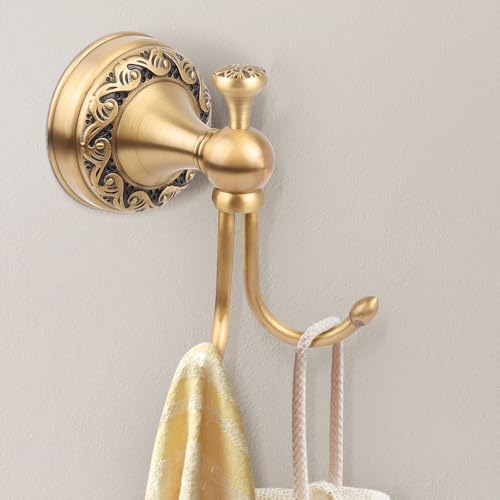 Lumclaw Antique Brass Towel Hook, Wall Mounted Bathroom Copper Double Hook for Clothing Robe Hanger, Screws Install Shower Wall Hook - Image 5