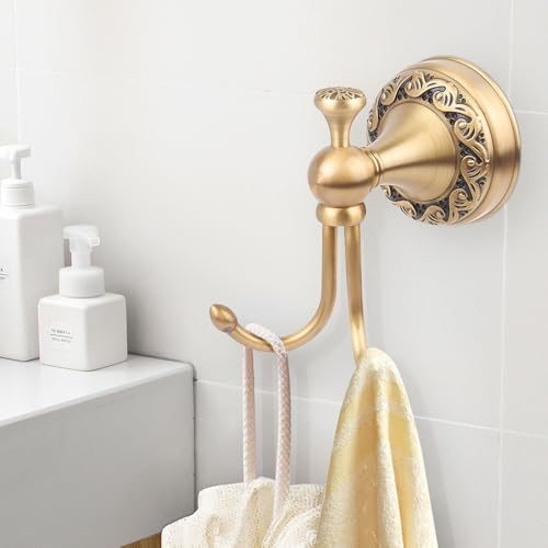 Lumclaw Antique Brass Towel Hook, Wall Mounted Bathroom Copper Double Hook for Clothing Robe Hanger, Screws Install Shower Wall Hook - Image 4