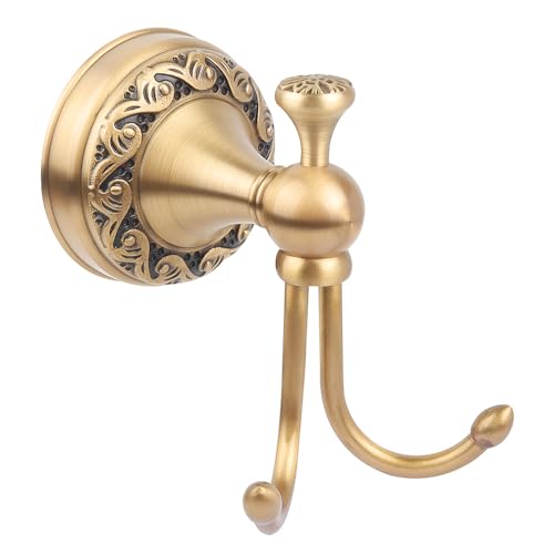 Lumclaw Antique Brass Towel Hook, Wall Mounted Bathroom Copper Double Hook for Clothing Robe Hanger, Screws Install Shower Wall Hook - Image 1