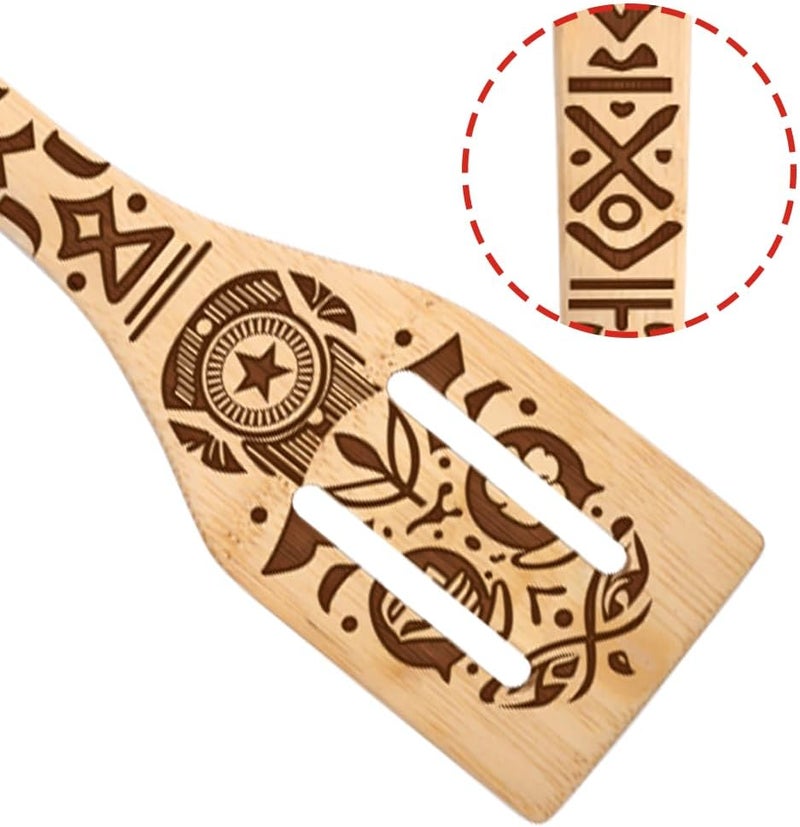 HYGNN Ancient Totem Retro style Gift Idea Cooking Serving Utensils Natural Bamboo Kitchen House Warming Presents Slotted Wooden Spoons for Cooking Utensils Set of 5… - Image 2