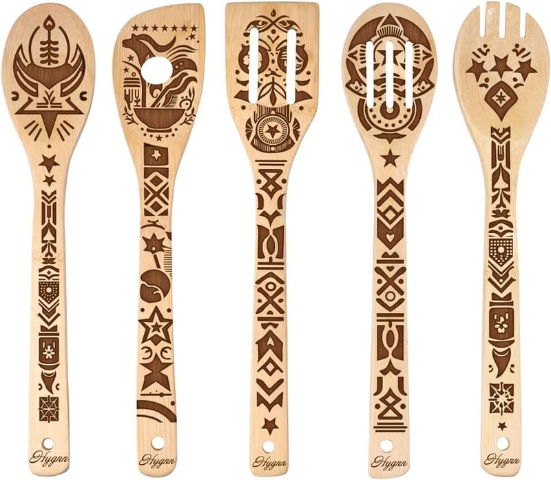 HYGNN Ancient Totem Retro style Gift Idea Cooking Serving Utensils Natural Bamboo Kitchen House Warming Presents Slotted Wooden Spoons for Cooking Utensils Set of 5… - Image 1