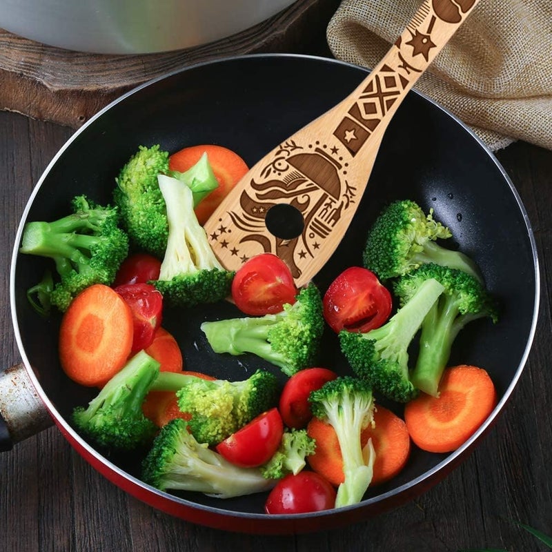 HYGNN Ancient Totem Retro style Gift Idea Cooking Serving Utensils Natural Bamboo Kitchen House Warming Presents Slotted Wooden Spoons for Cooking Utensils Set of 5… - Image 5