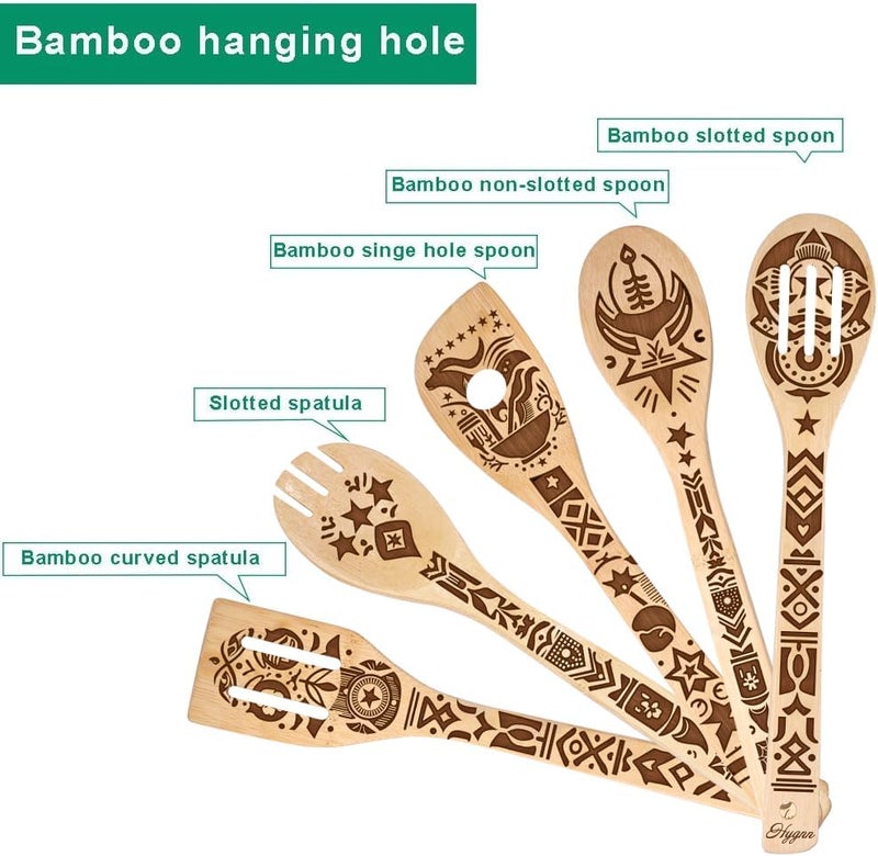 HYGNN Ancient Totem Retro style Gift Idea Cooking Serving Utensils Natural Bamboo Kitchen House Warming Presents Slotted Wooden Spoons for Cooking Utensils Set of 5… - Image 4