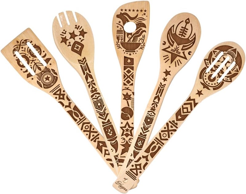 HYGNN Ancient Totem Retro style Gift Idea Cooking Serving Utensils Natural Bamboo Kitchen House Warming Presents Slotted Wooden Spoons for Cooking Utensils Set of 5… - Image 3
