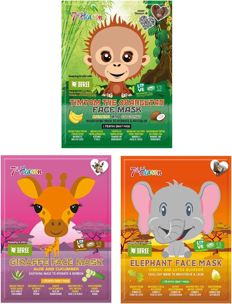 7th Heaven Pamper Animal Beauty Sheet Face Mask Skincare Set for Kids Orangutan Giraffe Elephant Printed Face Mask Sheet to Refresh Hydrate Nourish Young Skin Ages 8