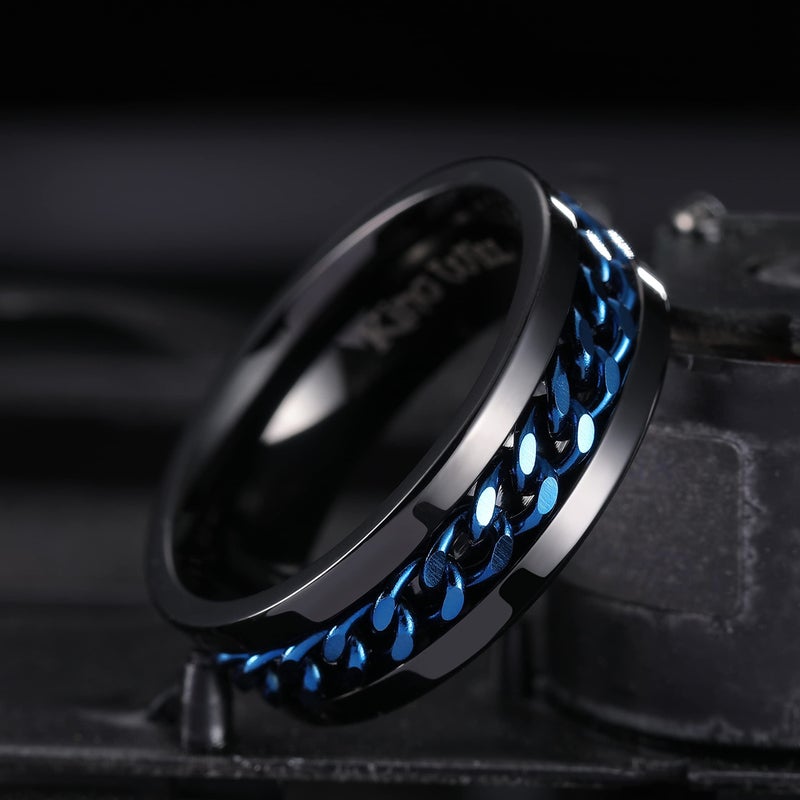 King Will Stainless Steel Men's Ring-8mm Black Fidget Spinner Ring with Blue Chain, 316L Stainless Steel Ring for Men Women with Stress Free, Cool Wedding Band Comfort Fit(7) - Image 2