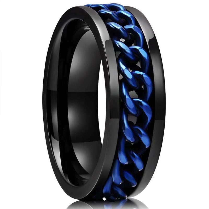 King Will Stainless Steel Men's Ring-8mm Black Fidget Spinner Ring with Blue Chain, 316L Stainless Steel Ring for Men Women with Stress Free, Cool Wedding Band Comfort Fit(7) - Image 1