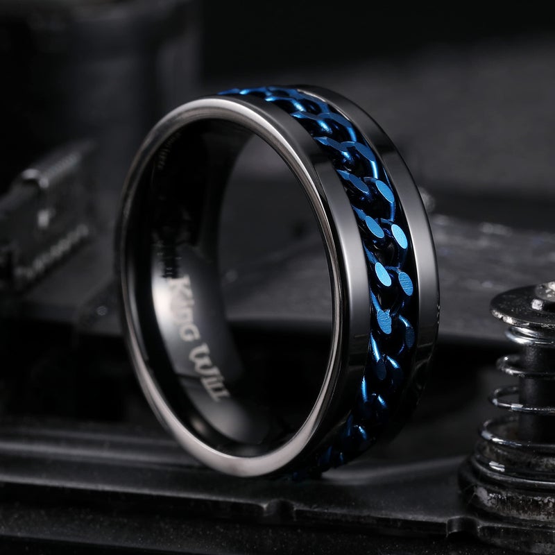 King Will Stainless Steel Men's Ring-8mm Black Fidget Spinner Ring with Blue Chain, 316L Stainless Steel Ring for Men Women with Stress Free, Cool Wedding Band Comfort Fit(7) - Image 3
