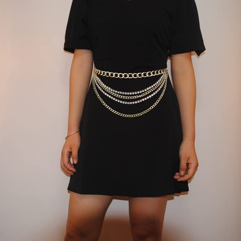 Suyi Multilayer Chain Belt Rhinestone Metal Chain Belts for Women Punk Gold Waist Chain 110CM Gold - Image 3