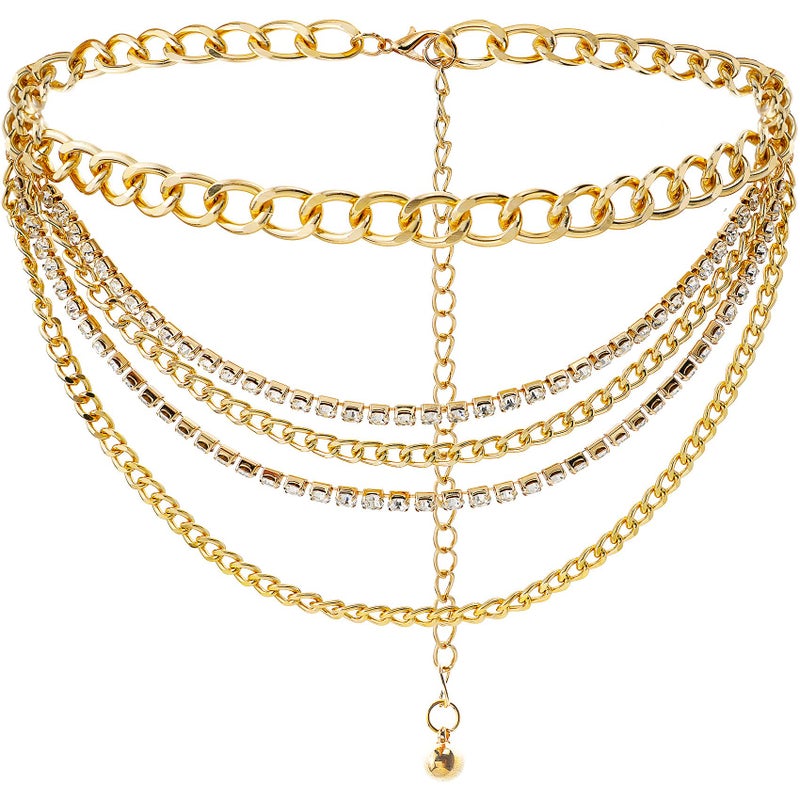 Suyi Multilayer Chain Belt Rhinestone Metal Chain Belts for Women Punk Gold Waist Chain 110CM Gold - Image 1