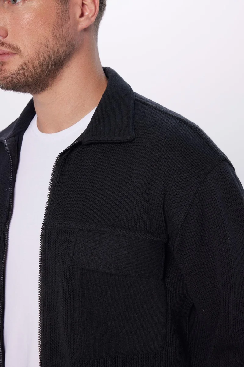 تودورس Unisex Relax Fit Casual Cut Double Pocket Zippered Black Knitted Shirt