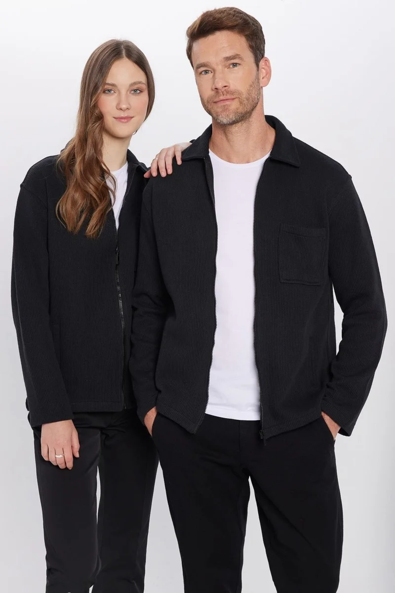 تودورس Unisex Relax Fit Casual Cut Double Pocket Zippered Black Knitted Shirt