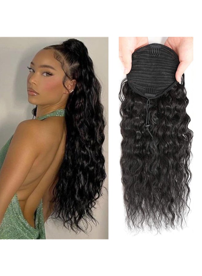 seelaak 20 Inch Drawstring Human Hair Ponytail Extension Natural Black for Women Water Wave Pony tail Clip in Extensions Corn Wave Ponytail 100 Unprocessed Brazilian Human Hair - Image 2