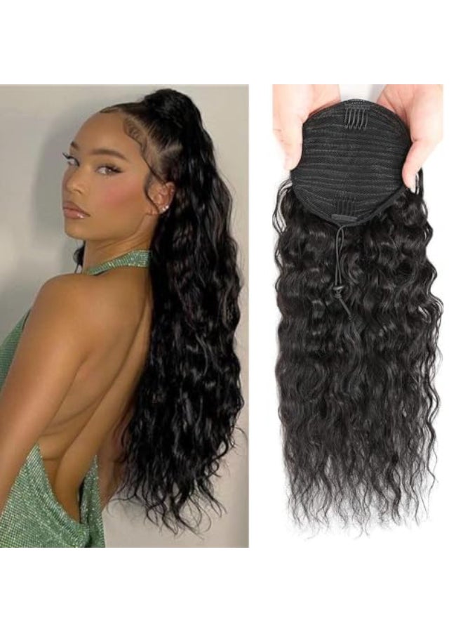 seelaak 20 Inch Drawstring Human Hair Ponytail Extension Natural Black for Women Water Wave Pony tail Clip in Extensions Corn Wave Ponytail 100 Unprocessed Brazilian Human Hair - Image 1