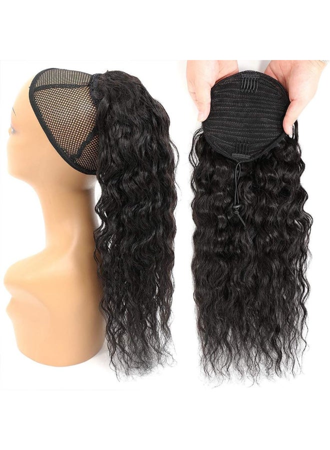 seelaak 20 Inch Drawstring Human Hair Ponytail Extension Natural Black for Women Water Wave Pony tail Clip in Extensions Corn Wave Ponytail 100 Unprocessed Brazilian Human Hair - Image 4