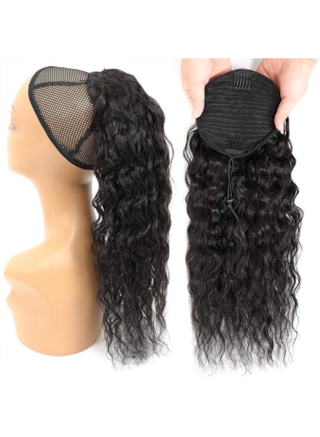 seelaak 20 Inch Drawstring Human Hair Ponytail Extension Natural Black for Women Water Wave Pony tail Clip in Extensions Corn Wave Ponytail 100 Unprocessed Brazilian Human Hair - Image 3